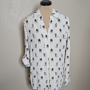 Karen Kane Black and Ivory Boston Terrier Print Top Long Sleeve Pullover Small